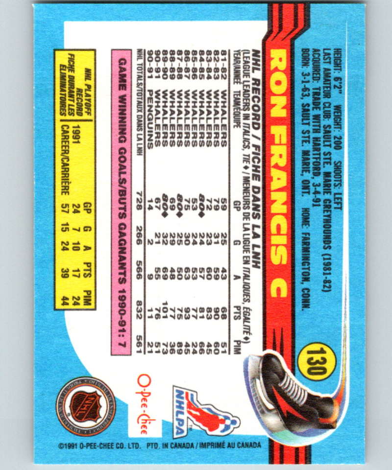 1991-92 O-Pee-Chee #130 Ron Francis Mint Pittsburgh Penguins Image 2