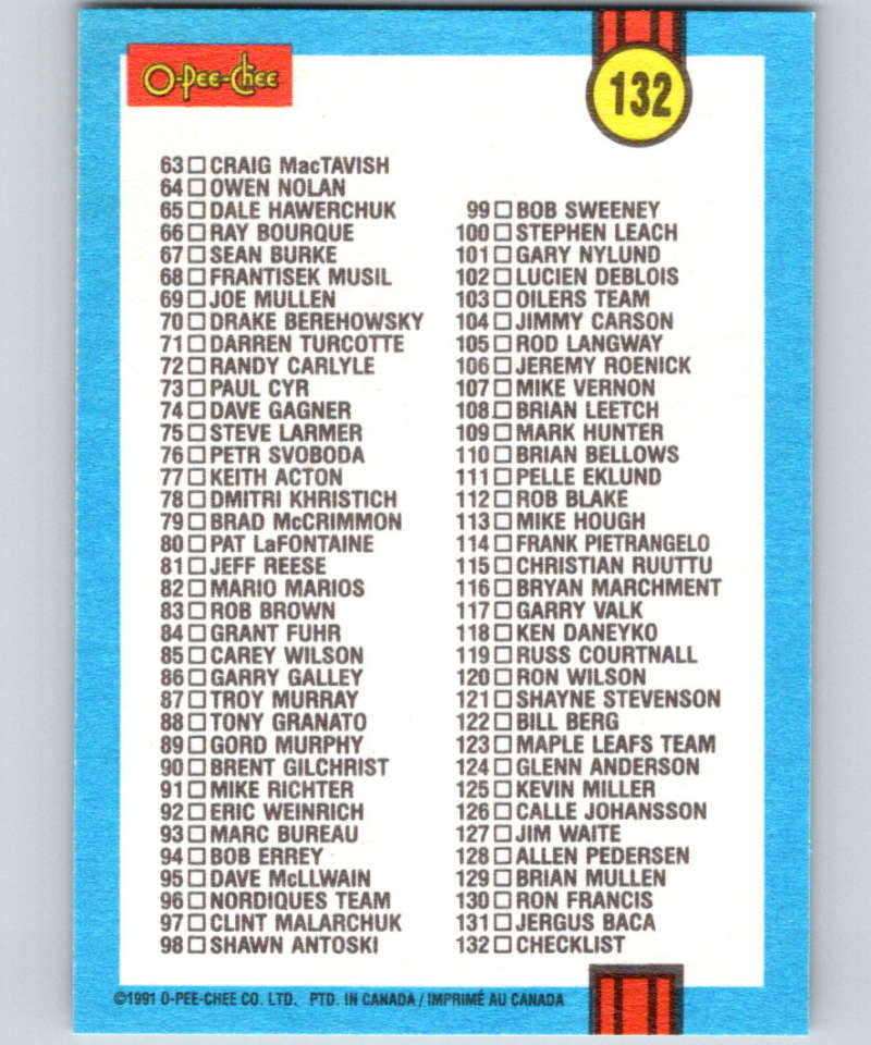 1991-92 O-Pee-Chee #132 Checklist 1-132 Mint Image 2