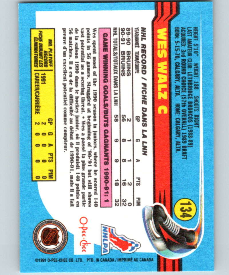 1991-92 O-Pee-Chee #134 Wes Walz Mint Boston Bruins Image 2