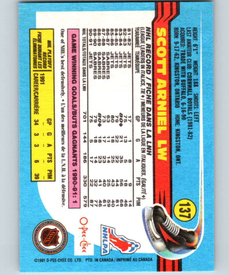 1991-92 O-Pee-Chee #137 Scott Arniel Mint Winnipeg Jets Image 2