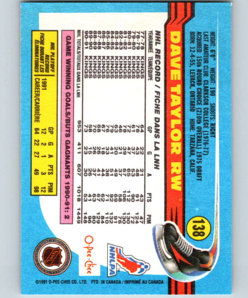 1991-92 O-Pee-Chee #138 Dave Taylor Mint Los Angeles Kings Image 2