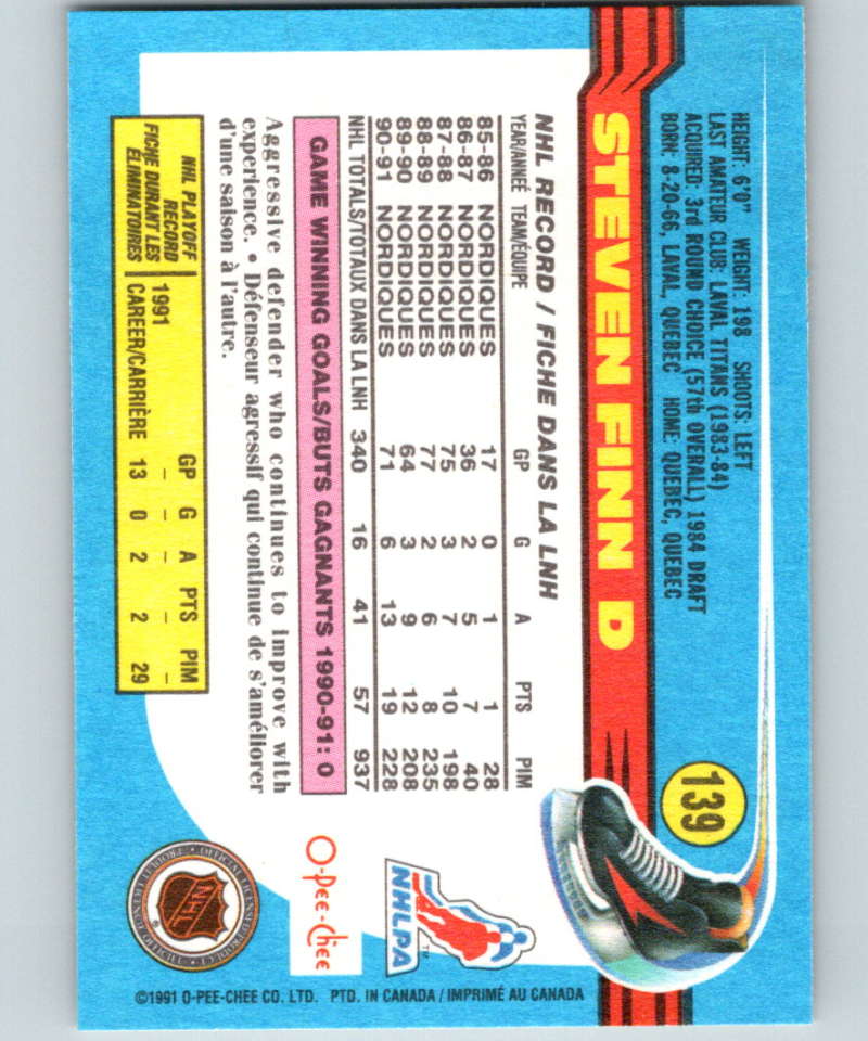 1991-92 O-Pee-Chee #139 Steven Finn Mint Quebec Nordiques Image 2