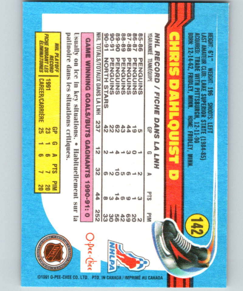 1991-92 O-Pee-Chee #142 Chris Dahlquist Mint Minnesota North Stars Image 2