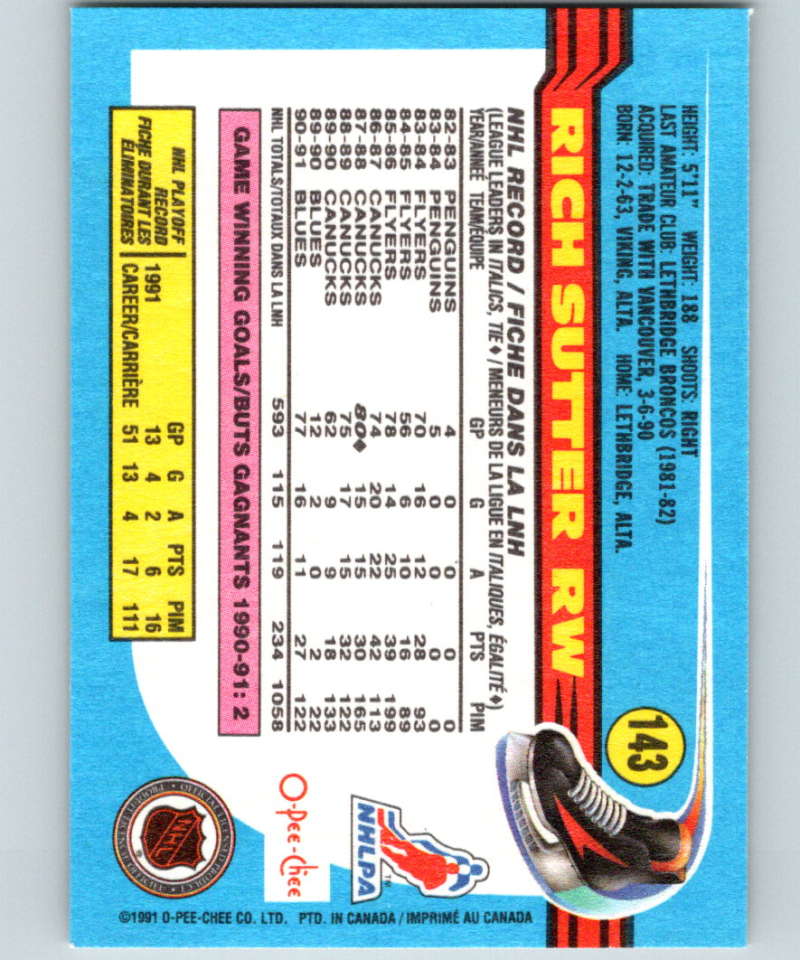 1991-92 O-Pee-Chee #143 Rich Sutter Mint St. Louis Blues Image 2