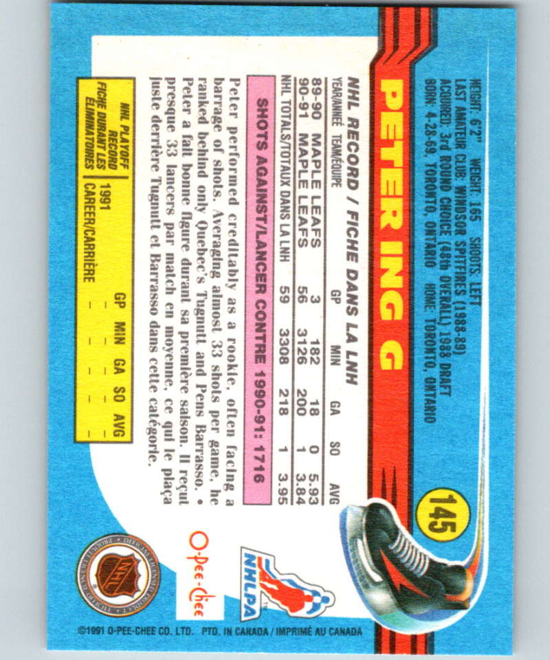 1991-92 O-Pee-Chee #145 Peter Ing Mint Toronto Maple Leafs