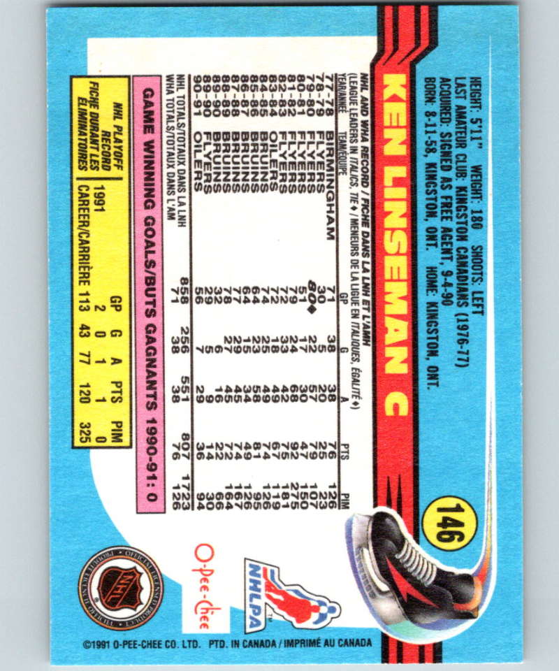 1991-92 O-Pee-Chee #146 Ken Linseman Mint Edmonton Oilers