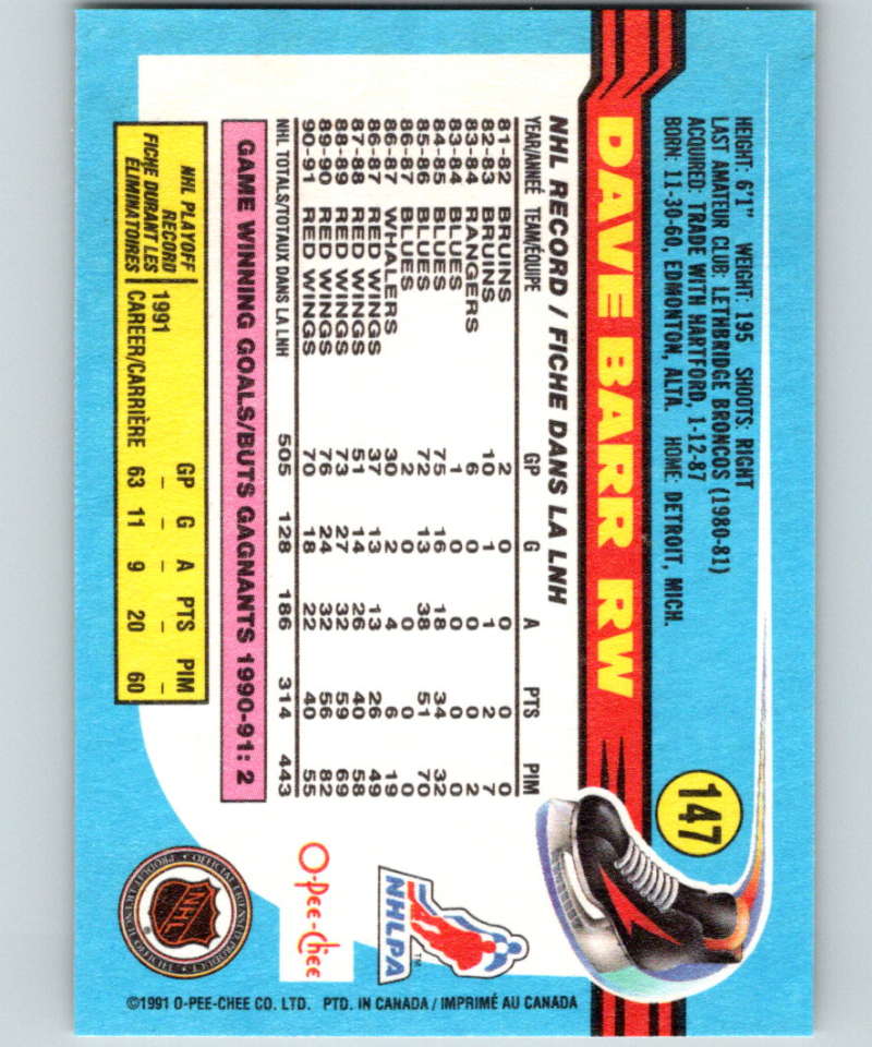1991-92 O-Pee-Chee #147 Dave Barr Mint Detroit Red Wings Image 2