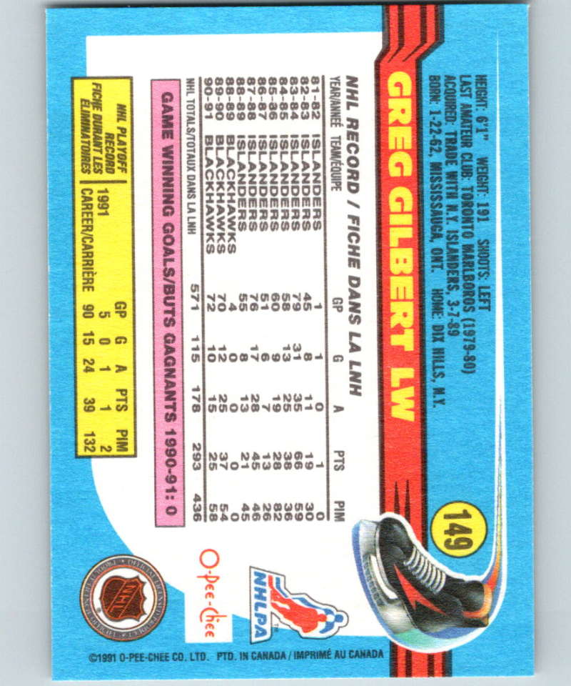 1991-92 O-Pee-Chee #149 Greg Gilbert Mint Chicago Blackhawks