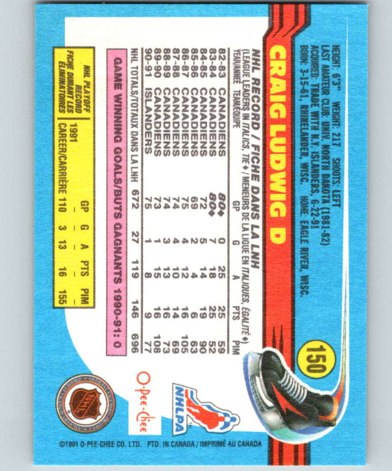 1991-92 O-Pee-Chee #150 Craig Ludwig Mint New York Islanders Image 2
