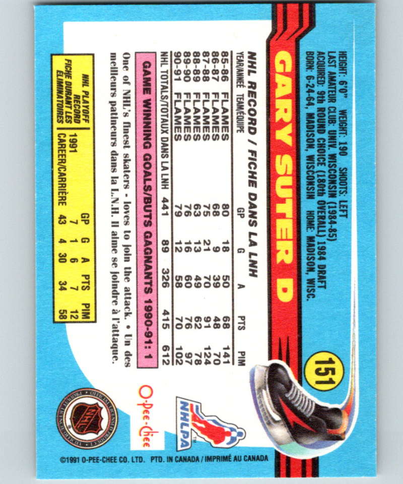1991-92 O-Pee-Chee #151 Gary Suter Mint Calgary Flames Image 2