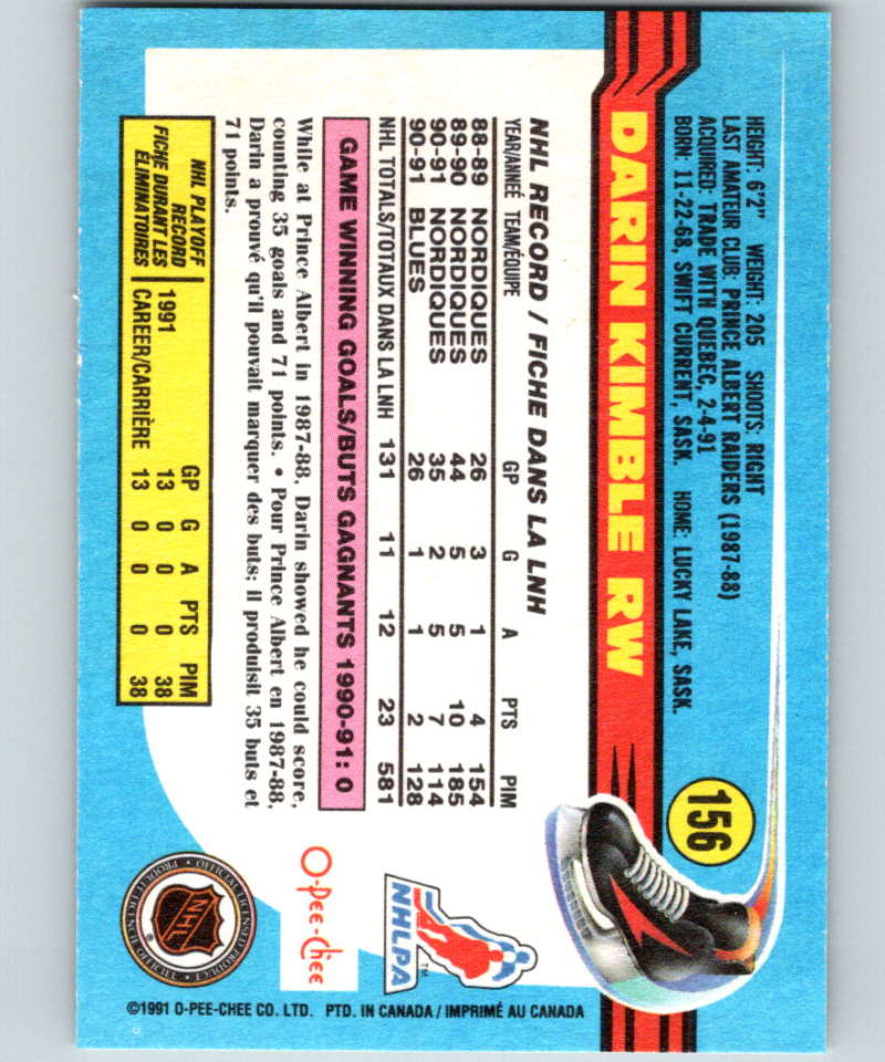 1991-92 O-Pee-Chee #156 Darin Kimble Mint St. Louis Blues Image 2