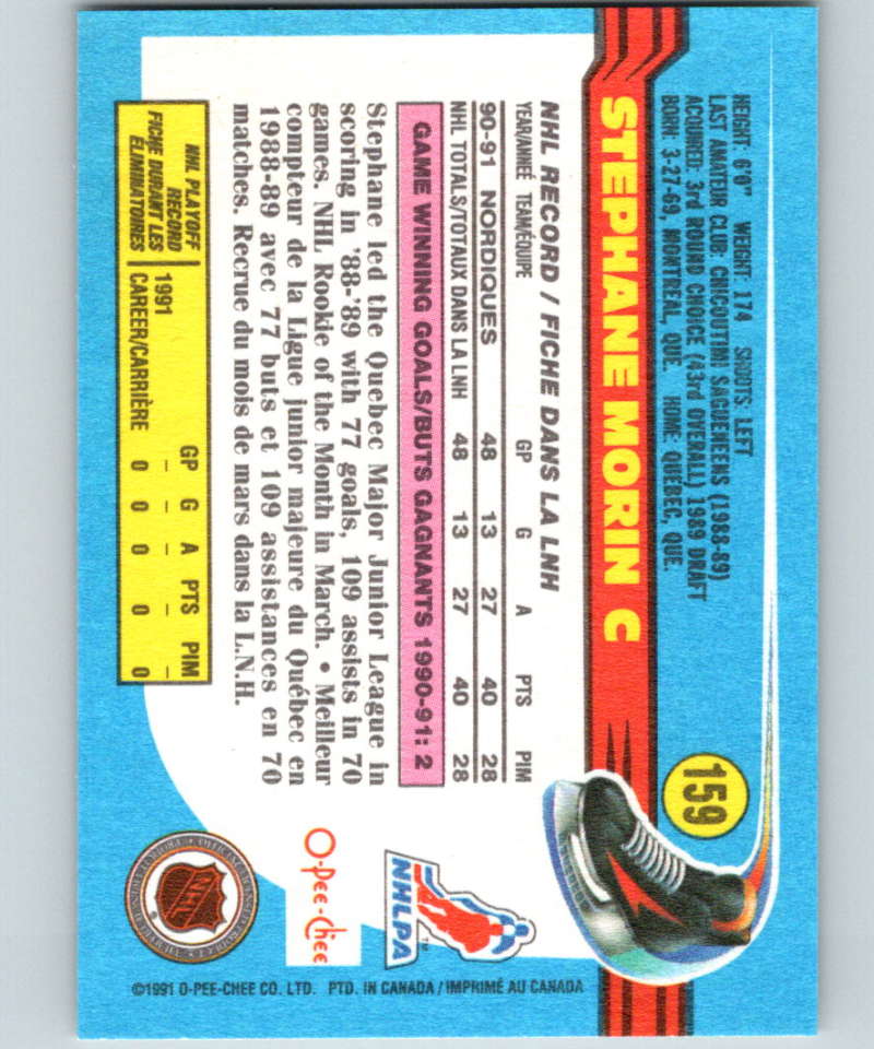 1991-92 O-Pee-Chee #159 Stephane Morin Mint Quebec Nordiques Image 2