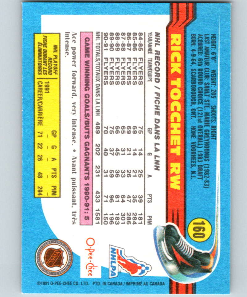 1991-92 O-Pee-Chee #160 Rick Tocchet Mint Philadelphia Flyers Image 2