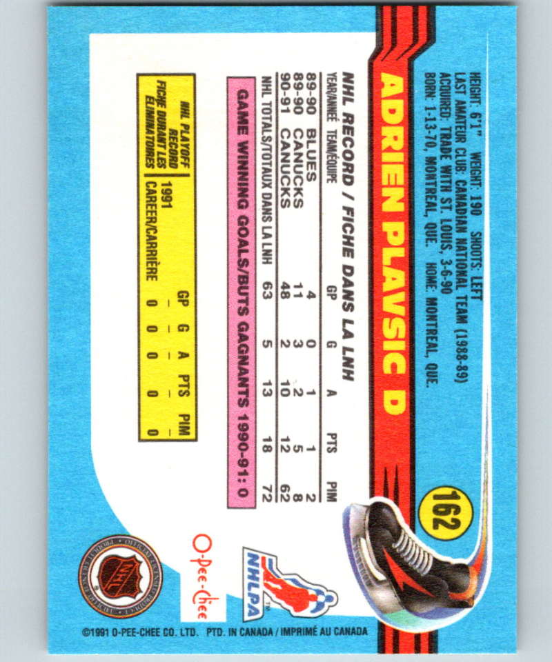 1991-92 O-Pee-Chee #162 Adrien Plavsic Mint Vancouver Canucks Image 2