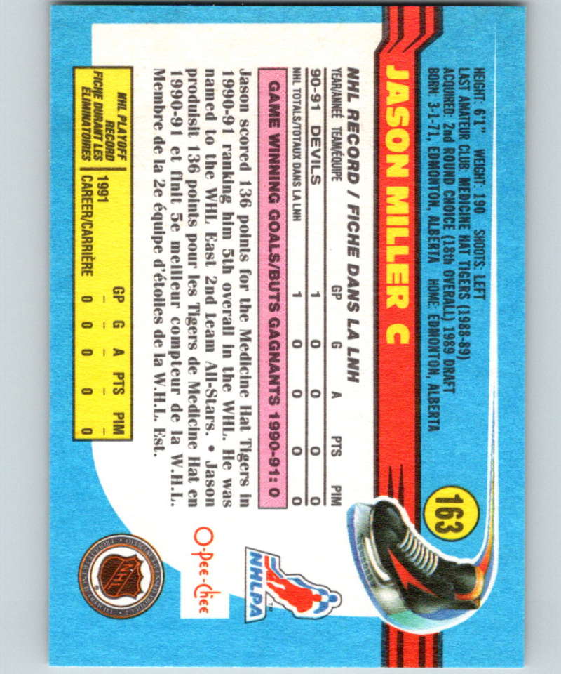 1991-92 O-Pee-Chee #163 Jason Miller Mint New Jersey Devils Image 2
