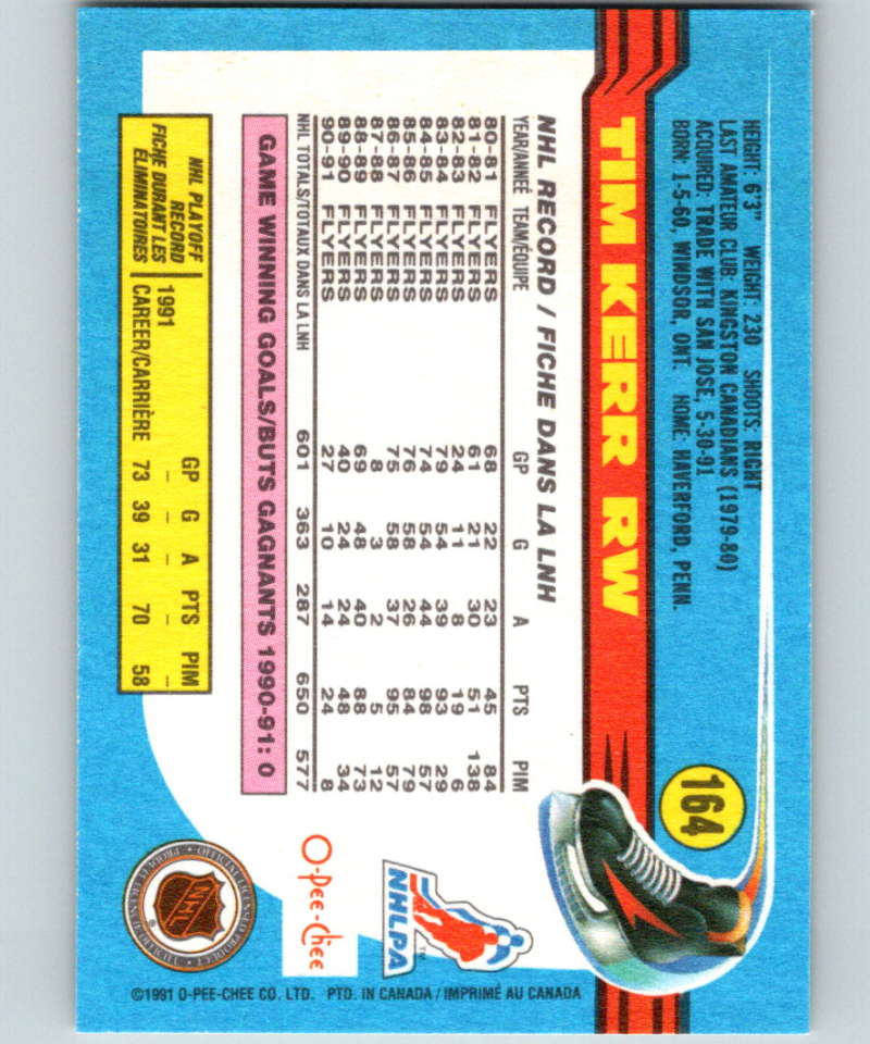 1991-92 O-Pee-Chee #164 Tim Kerr Mint Philadelphia Flyers Image 2