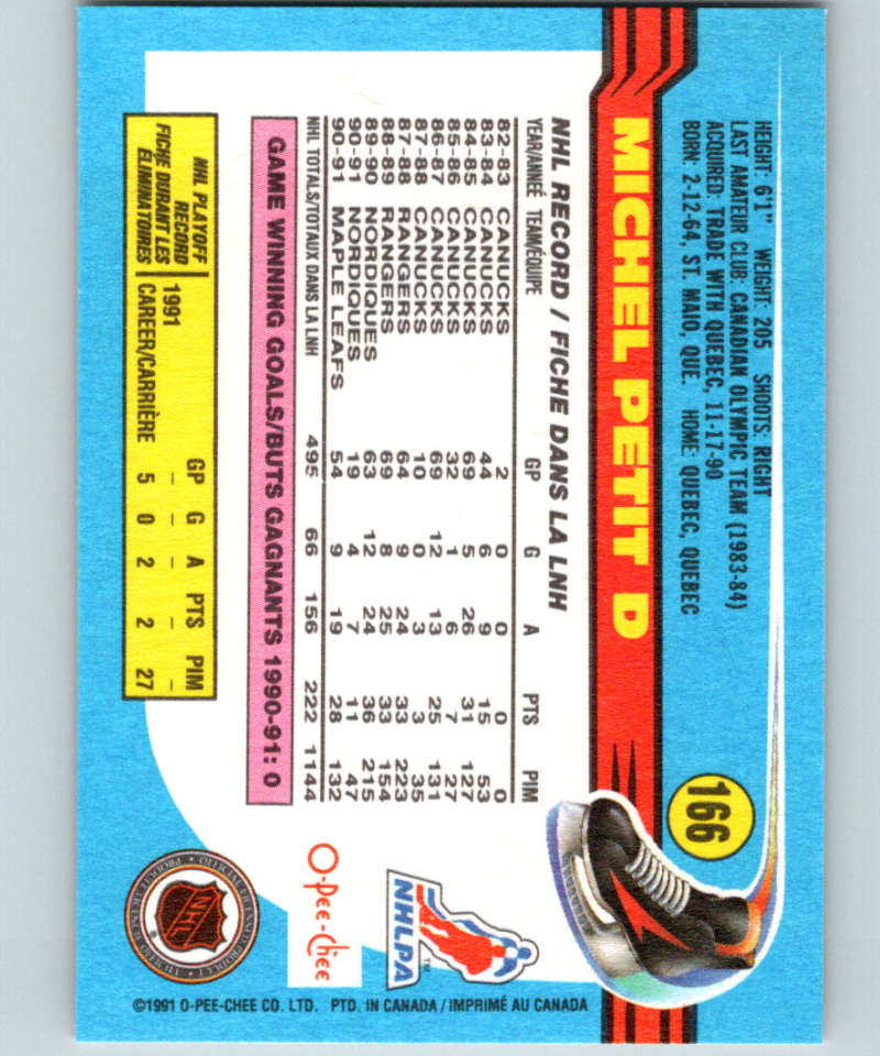 1991-92 O-Pee-Chee #166 Michel Petit Mint Toronto Maple Leafs Image 2