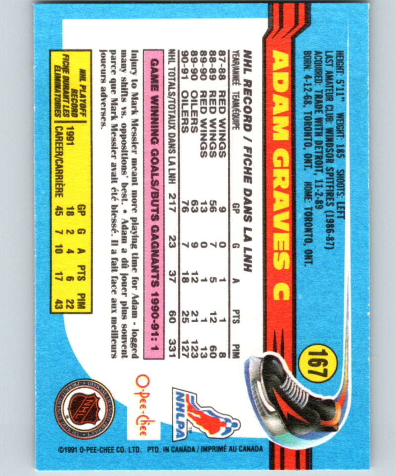1991-92 O-Pee-Chee #167 Adam Graves Mint Edmonton Oilers Image 2