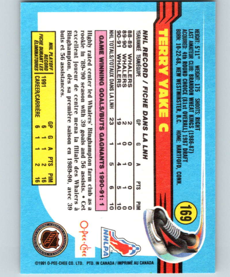 1991-92 O-Pee-Chee #169 Terry Yake Mint Hartford Whalers Image 2