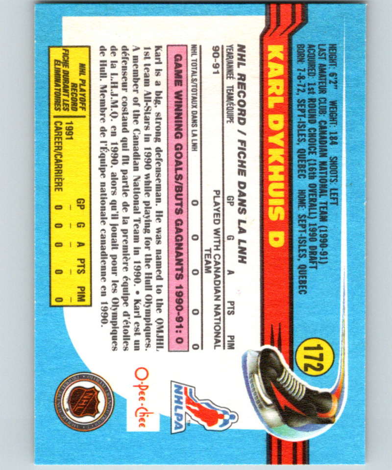 1991-92 O-Pee-Chee #172 Karl Dykhuis Mint Chicago Blackhawks Image 2