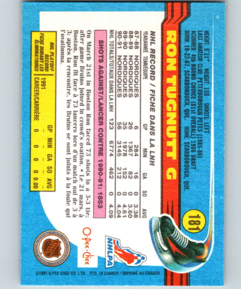 1991-92 O-Pee-Chee #181 Ron Tugnutt Mint Quebec Nordiques Image 2