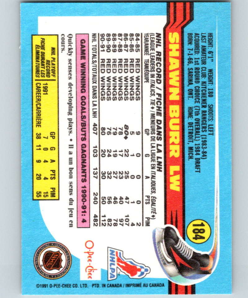 1991-92 O-Pee-Chee #184 Shawn Burr Mint Detroit Red Wings Image 2