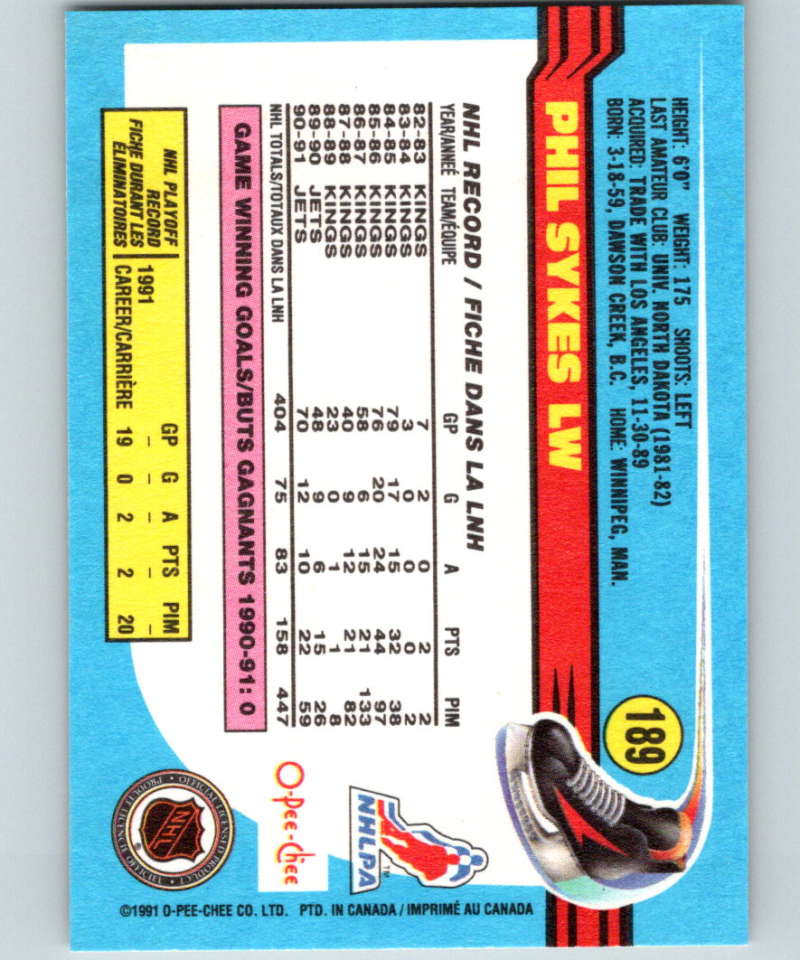 1991-92 O-Pee-Chee #189 Phil Sykes Mint Winnipeg Jets Image 2