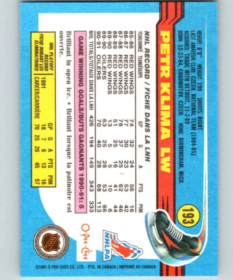 1991-92 O-Pee-Chee #193 Petr Klima Mint Edmonton Oilers Image 2