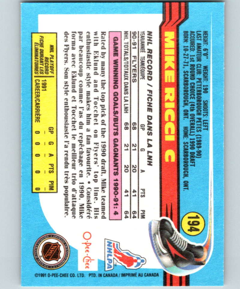1991-92 O-Pee-Chee #194 Mike Ricci Mint Philadelphia Flyers Image 2