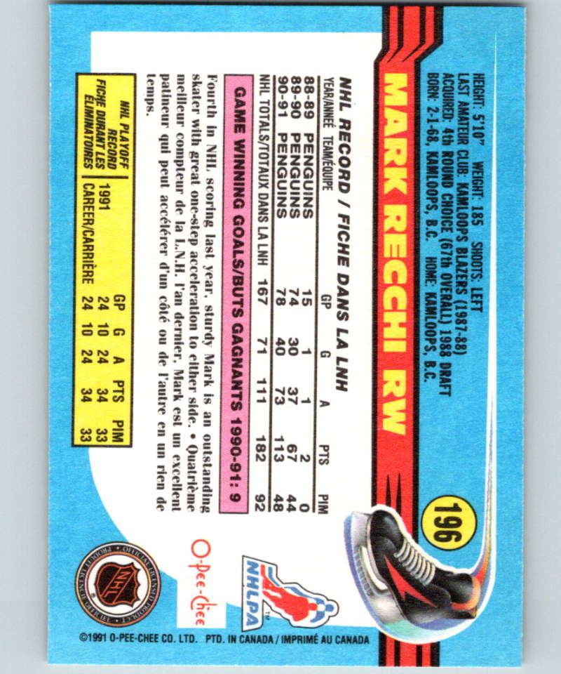 1991-92 O-Pee-Chee #196 Mark Recchi Mint Pittsburgh Penguins Image 2