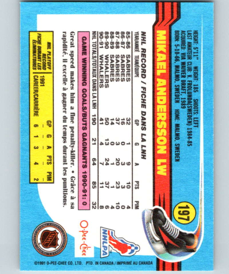 1991-92 O-Pee-Chee #197 Mikael Andersson Mint Hartford Whalers Image 2