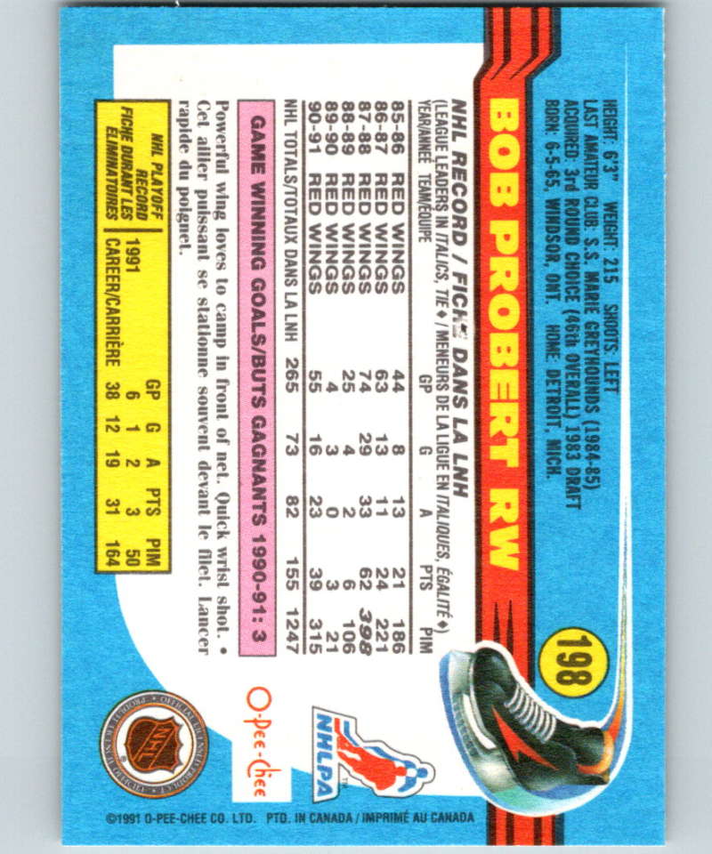 1991-92 O-Pee-Chee #198 Bob Probert Mint Detroit Red Wings