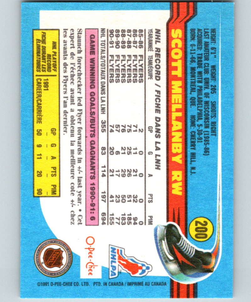 1991-92 O-Pee-Chee #200 Scott Mellanby Mint Philadelphia Flyers Image 2