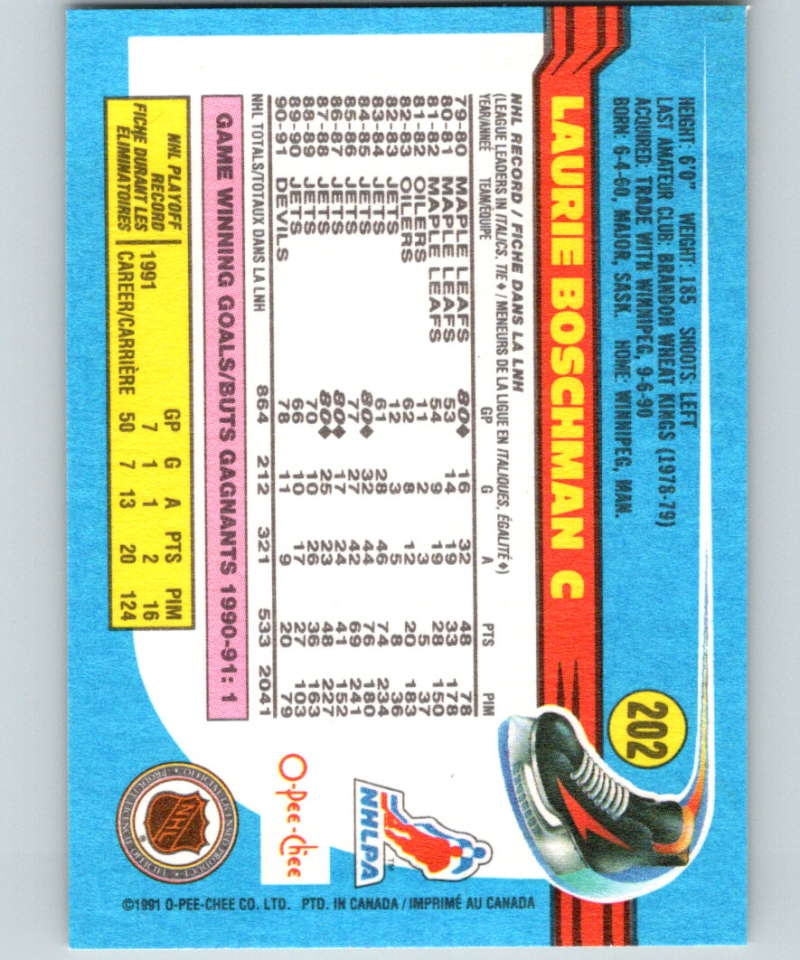 1991-92 O-Pee-Chee #202 Laurie Boschman Mint New Jersey Devils  Image 2