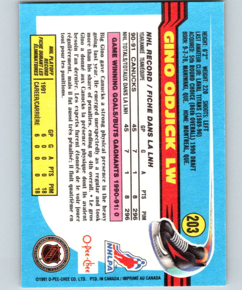 1991-92 O-Pee-Chee #203 Gino Odjick Mint Vancouver Canucks