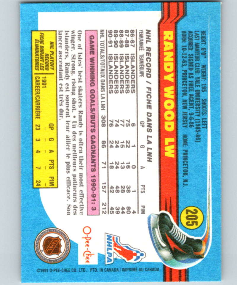 1991-92 O-Pee-Chee #205 Randy Wood Mint New York Islanders Image 2