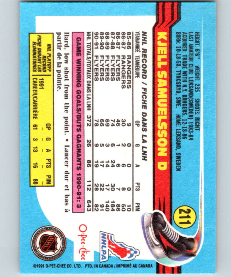 1991-92 O-Pee-Chee #211 Kjell Samuelsson Mint Philadelphia Flyers Image 2