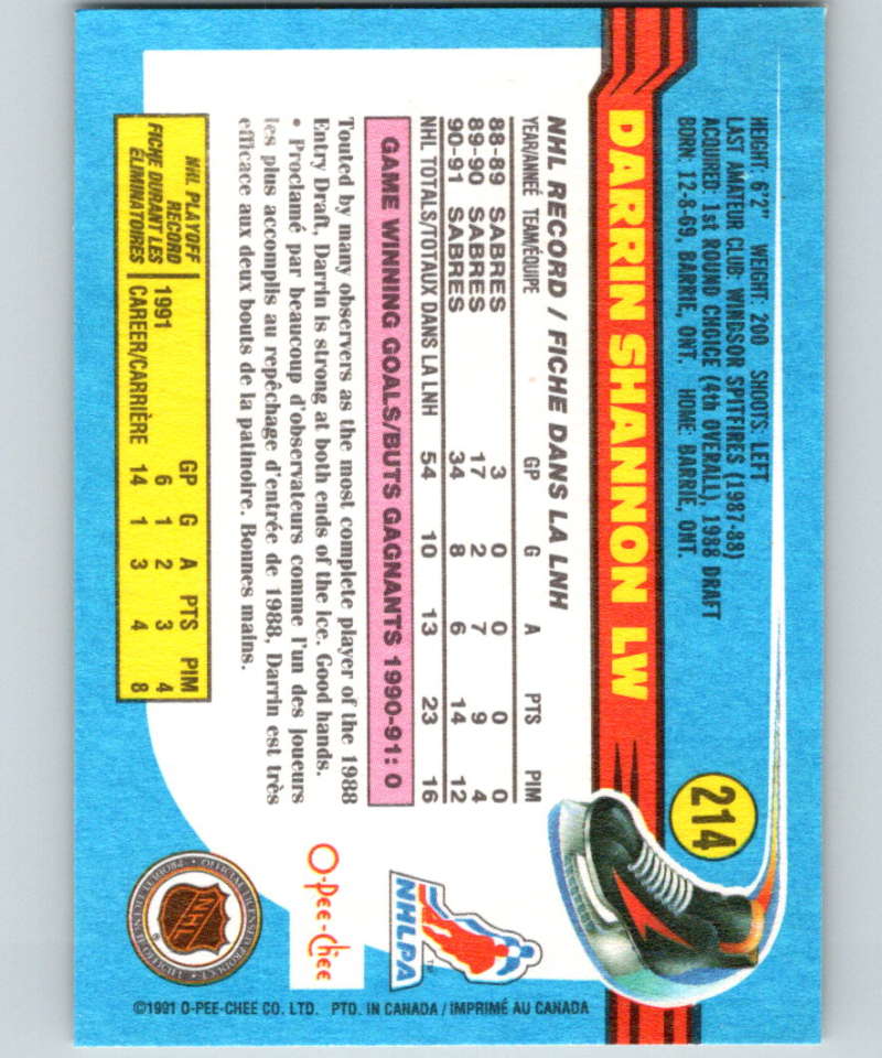 1991-92 O-Pee-Chee #214 Darrin Shannon Mint Buffalo Sabres Image 2