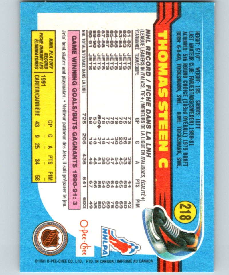 1991-92 O-Pee-Chee #218 Thomas Steen Mint Winnipeg Jets Image 2
