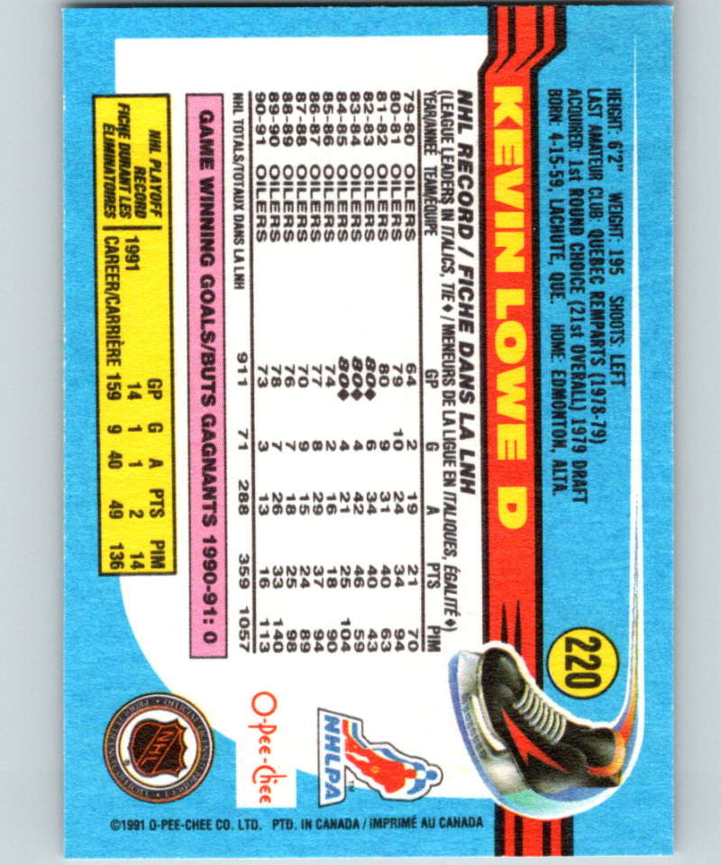 1991-92 O-Pee-Chee #220 Kevin Lowe Mint Edmonton Oilers Image 2