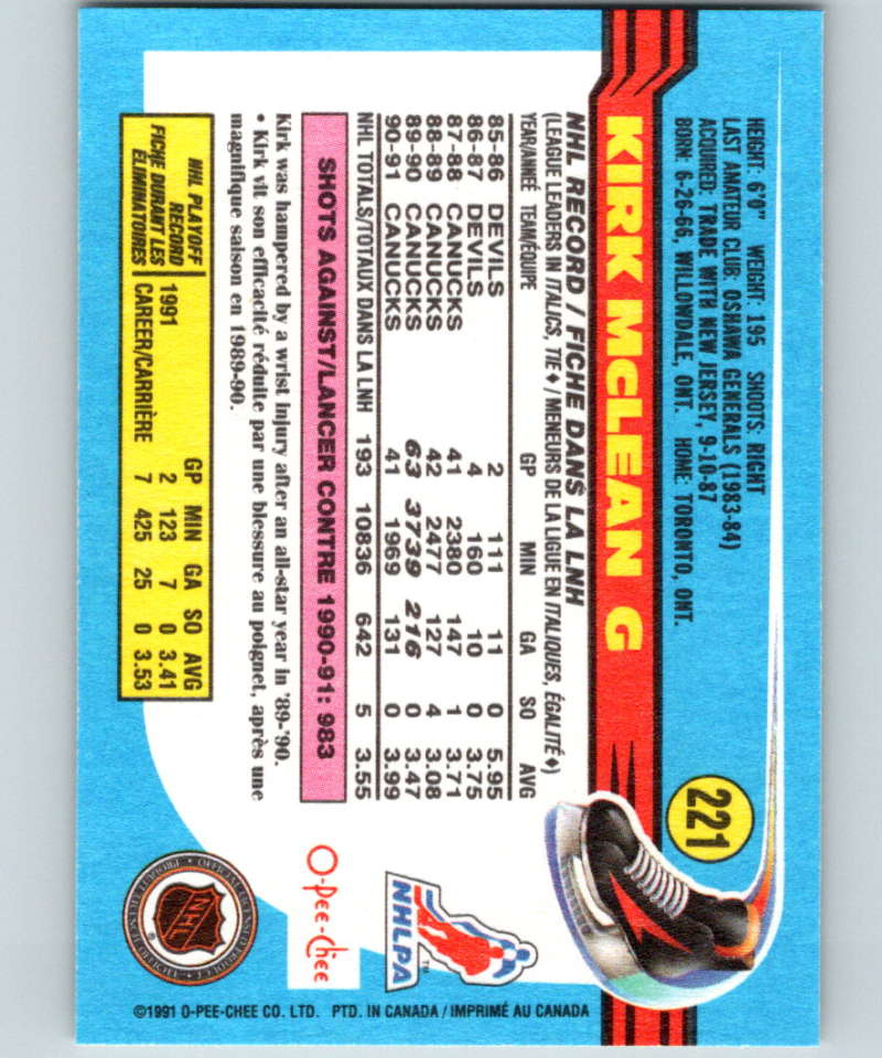 1991-92 O-Pee-Chee #221 Kirk McLean Mint Vancouver Canucks Image 2
