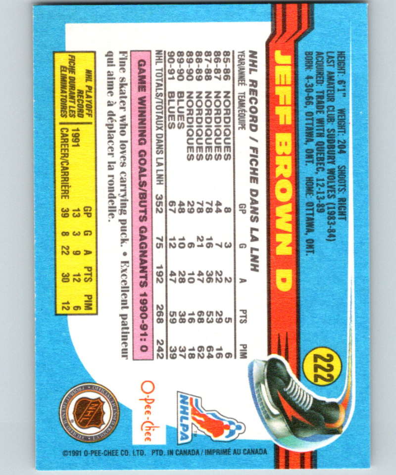 1991-92 O-Pee-Chee #222 Jeff Brown Mint St. Louis Blues Image 2
