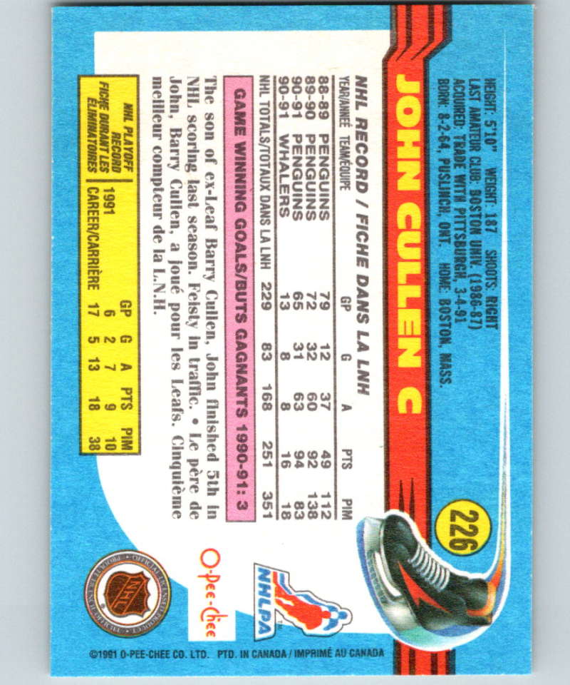 1991-92 O-Pee-Chee #226 John Cullen Mint Hartford Whalers Image 2