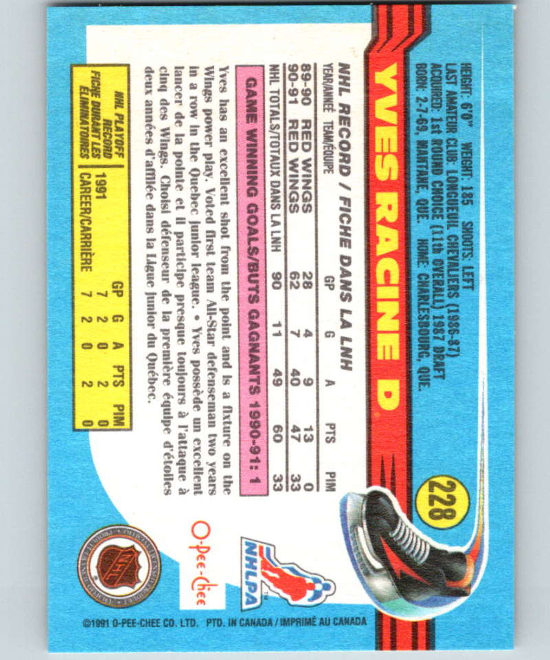 1991-92 O-Pee-Chee #228 Yves Racine Mint Detroit Red Wings Image 2