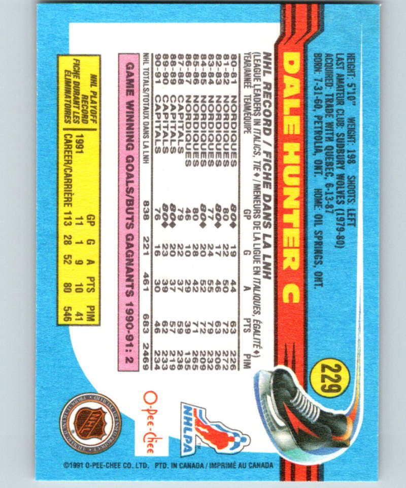 1991-92 O-Pee-Chee #229 Dale Hunter Mint Washington Capitals Image 2