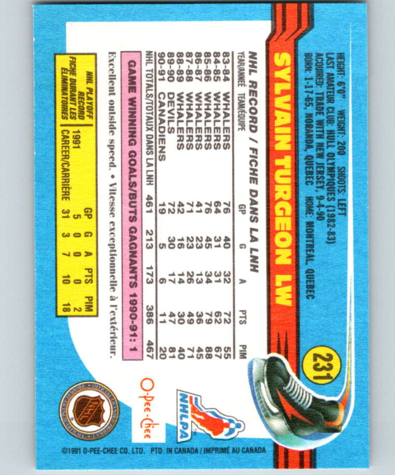 1991-92 O-Pee-Chee #231 Sylvain Turgeon Mint Montreal Canadiens Image 2