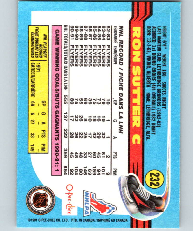 1991-92 O-Pee-Chee #232 Ron Sutter Mint Philadelphia Flyers Image 2