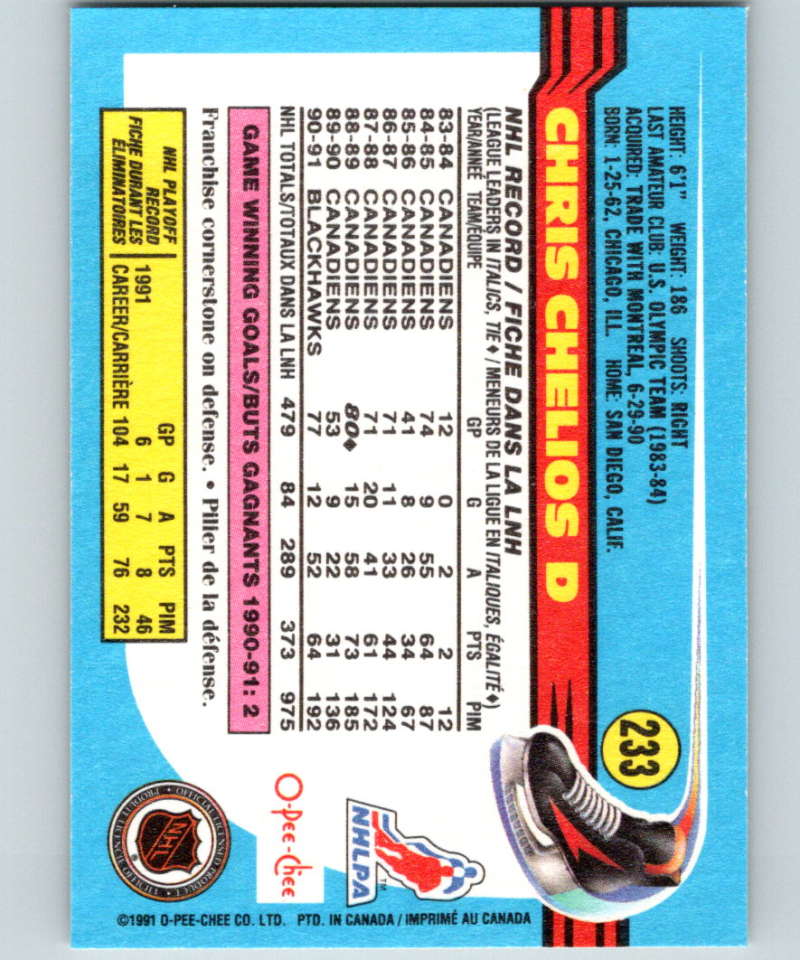 1991-92 O-Pee-Chee #233 Chris Chelios Mint Chicago Blackhawks Image 2