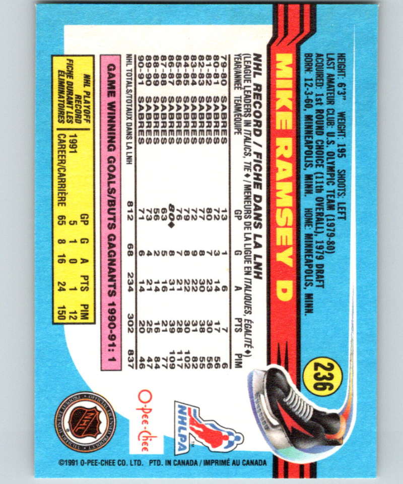 1991-92 O-Pee-Chee #236 Mike Ramsey Mint Buffalo Sabres Image 2
