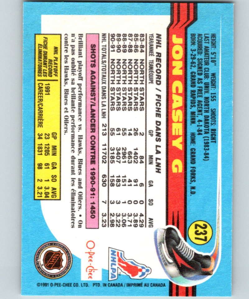 1991-92 O-Pee-Chee #237 Jon Casey Mint Minnesota North Stars Image 2